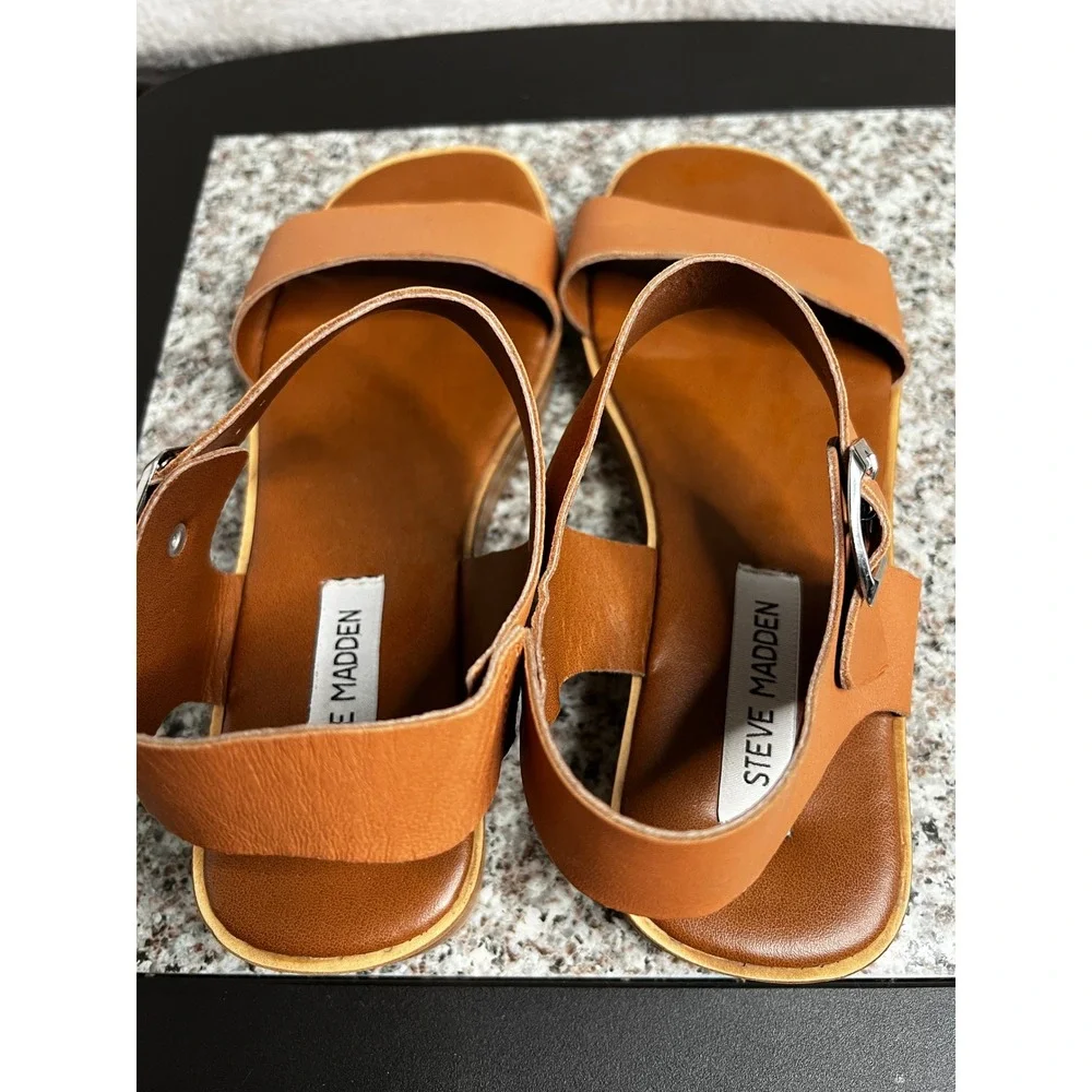 Steve‎ Madden Womens Cognac Brown Leather Platform Wedge Buckle Sandals Size 9